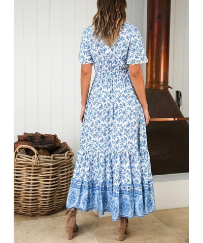 Womens Summer Cotton Short Sleeve V Neck Floral Print Casual Bohemian Midi Dresses White $14.87 Dresses