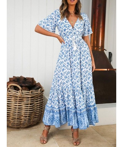 Womens Summer Cotton Short Sleeve V Neck Floral Print Casual Bohemian Midi Dresses White $14.87 Dresses