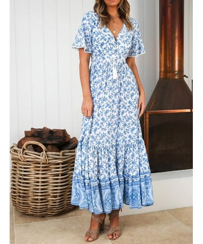 Womens Summer Cotton Short Sleeve V Neck Floral Print Casual Bohemian Midi Dresses White $14.87 Dresses