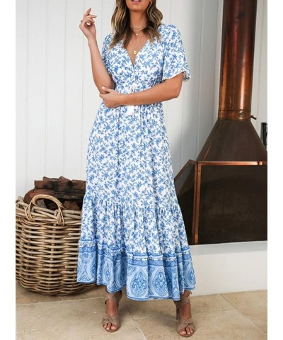 Womens Summer Cotton Short Sleeve V Neck Floral Print Casual Bohemian Midi Dresses White $14.87 Dresses