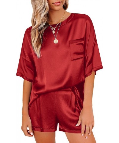 Satin Pajamas for Women Short Sleeve Silk Pajama Sets Soft Sleepwear Top with Causal Pj Shorts Red $15.50 Sleep & Lounge