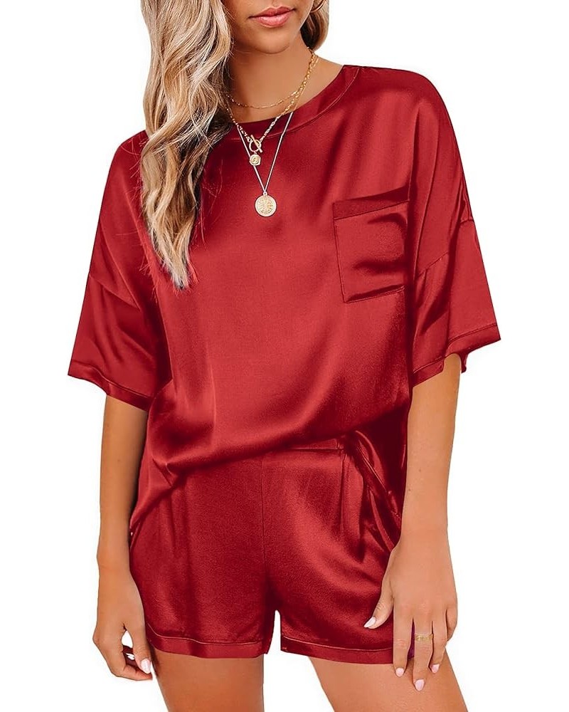 Satin Pajamas for Women Short Sleeve Silk Pajama Sets Soft Sleepwear Top with Causal Pj Shorts Red $15.50 Sleep & Lounge