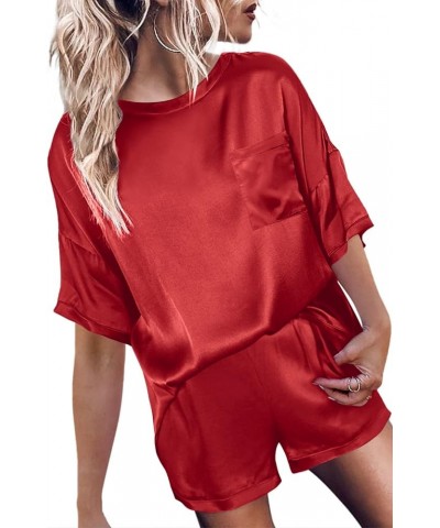 Satin Pajamas for Women Short Sleeve Silk Pajama Sets Soft Sleepwear Top with Causal Pj Shorts Red $15.50 Sleep & Lounge