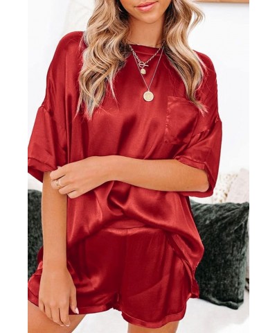 Satin Pajamas for Women Short Sleeve Silk Pajama Sets Soft Sleepwear Top with Causal Pj Shorts Red $15.50 Sleep & Lounge