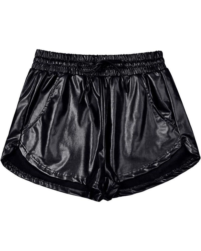 Women's Metallic Shorts Yoga Shiny Sparkly Hot Drawstring Outfit Short Pants Black $15.11 Activewear