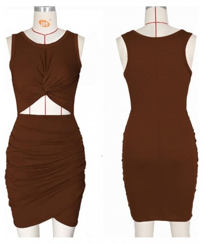 Women's Sundress 2024 Summer Casual Ruched Bodycon Dresses Wrap Slim Fit Twist Knot Cutout Dress Z-coffee $11.75 Dresses