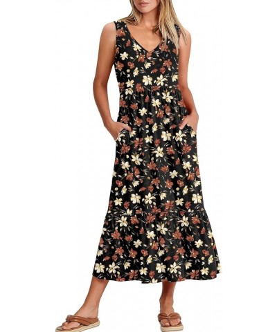 Women's Summer Casual Dress Sleeveless V Neck Swing Sundress Flowy Tiered Loose Maxi Dress with Pockets Black Flower $22.03 D...