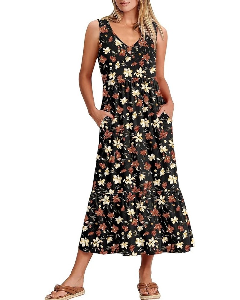 Women's Summer Casual Dress Sleeveless V Neck Swing Sundress Flowy Tiered Loose Maxi Dress with Pockets Black Flower $22.03 D...