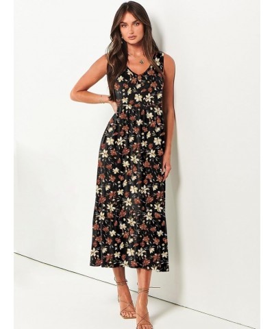 Women's Summer Casual Dress Sleeveless V Neck Swing Sundress Flowy Tiered Loose Maxi Dress with Pockets Black Flower $22.03 D...