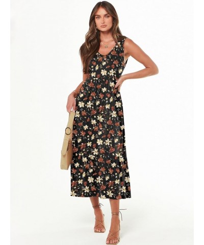 Women's Summer Casual Dress Sleeveless V Neck Swing Sundress Flowy Tiered Loose Maxi Dress with Pockets Black Flower $22.03 D...