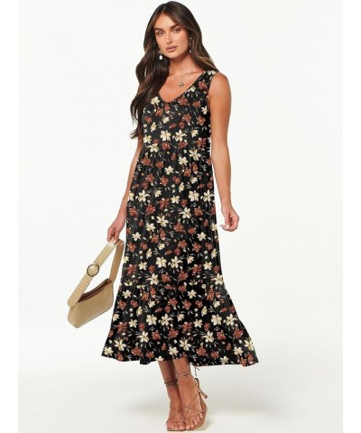 Women's Summer Casual Dress Sleeveless V Neck Swing Sundress Flowy Tiered Loose Maxi Dress with Pockets Black Flower $22.03 D...