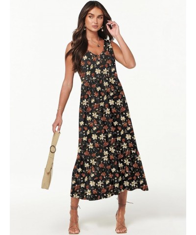 Women's Summer Casual Dress Sleeveless V Neck Swing Sundress Flowy Tiered Loose Maxi Dress with Pockets Black Flower $22.03 D...