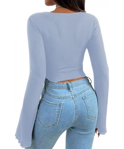 Women's Long Sleeve Square Neck Crop Top Twist Front Asymmetrical Shirt Light Blue $13.49 T-Shirts