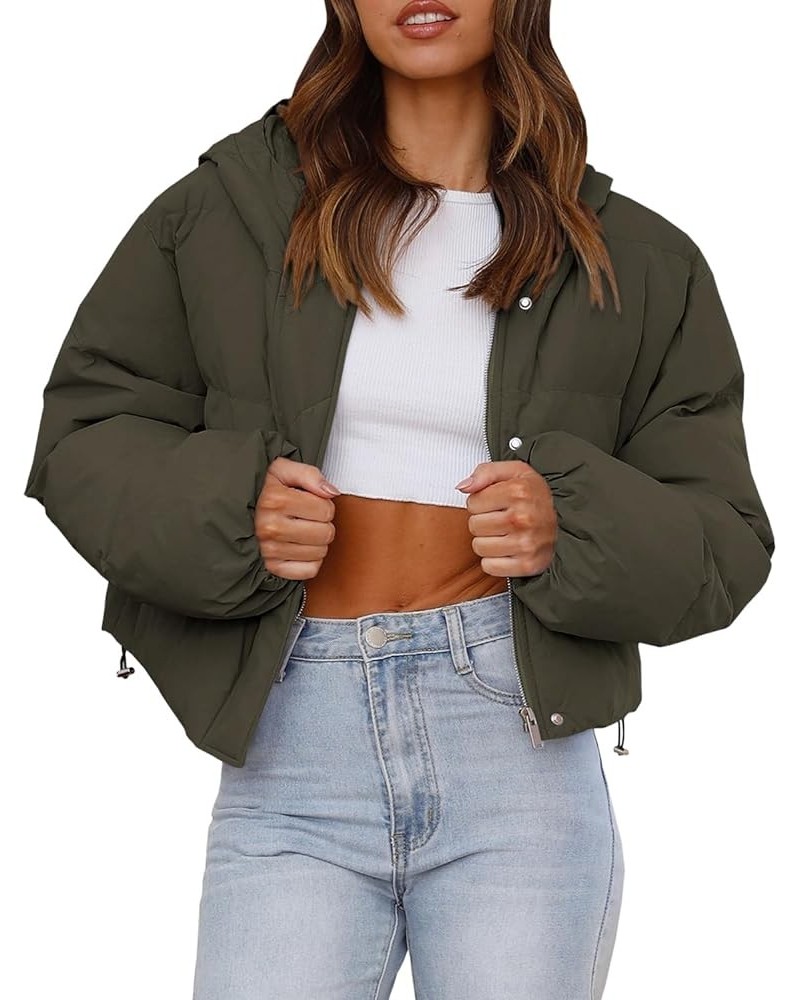 Women's Cropped Puffer Jacket Casual Winter Hoodie Baggy Short Down Coats with Pockets 05-army Green $24.18 Jackets