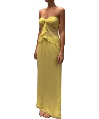 Women 2 Piece Long Skirt Sets Strapless Crop Tube Top Bodycon Midi Maxi Skirts Y2k Two Piece Outfit Beach wear N-yellow $9.00...