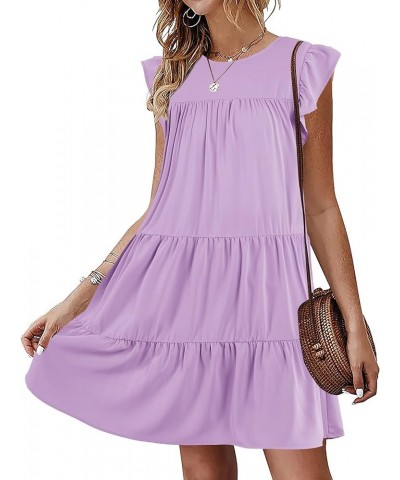 Womens Summer Mini Dress Casual Sleeveless Ruffle Sleeve Round Neck Flowy Pleated Babydoll T-Shirt Dress Z Lavender $23.99 Dr...