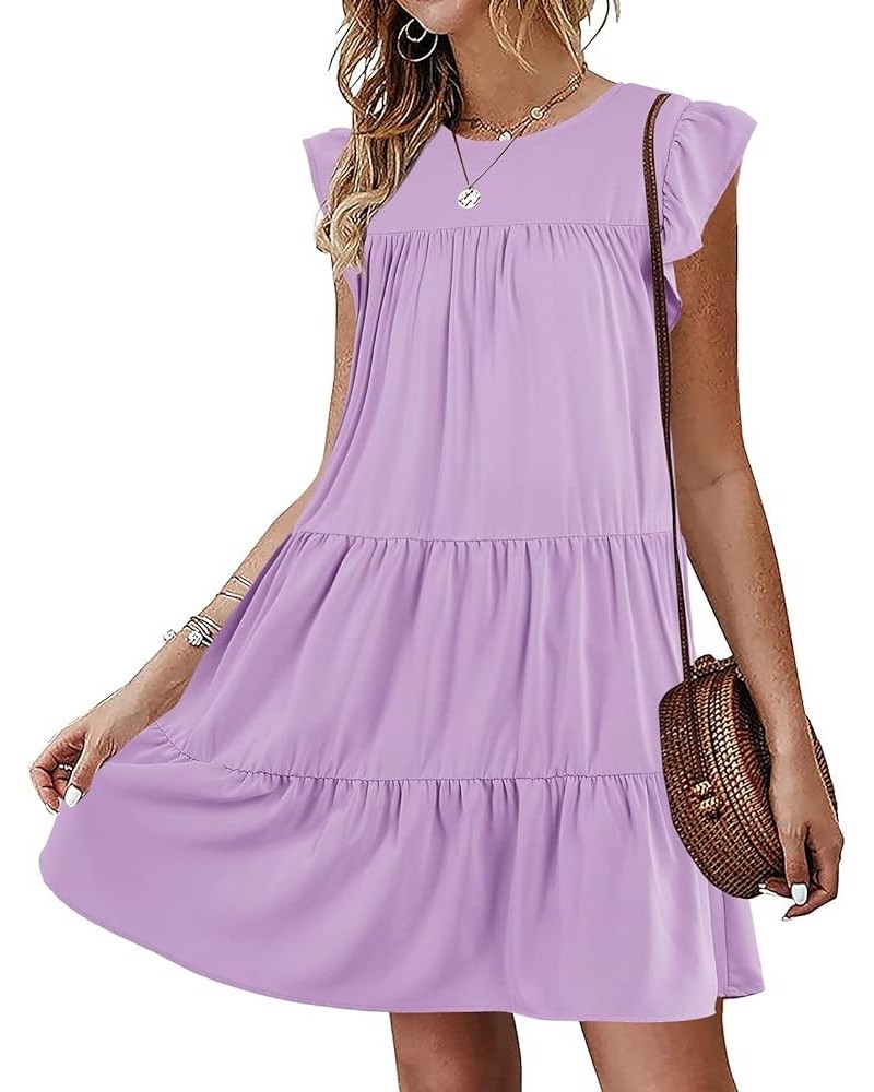 Womens Summer Mini Dress Casual Sleeveless Ruffle Sleeve Round Neck Flowy Pleated Babydoll T-Shirt Dress Z Lavender $23.99 Dr...