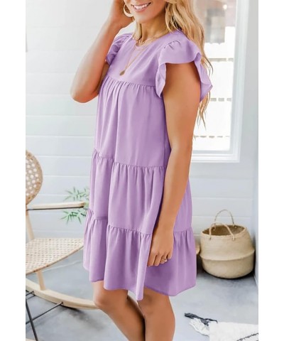 Womens Summer Mini Dress Casual Sleeveless Ruffle Sleeve Round Neck Flowy Pleated Babydoll T-Shirt Dress Z Lavender $23.99 Dr...