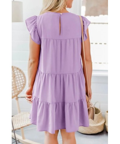 Womens Summer Mini Dress Casual Sleeveless Ruffle Sleeve Round Neck Flowy Pleated Babydoll T-Shirt Dress Z Lavender $23.99 Dr...