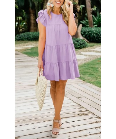 Womens Summer Mini Dress Casual Sleeveless Ruffle Sleeve Round Neck Flowy Pleated Babydoll T-Shirt Dress Z Lavender $23.99 Dr...