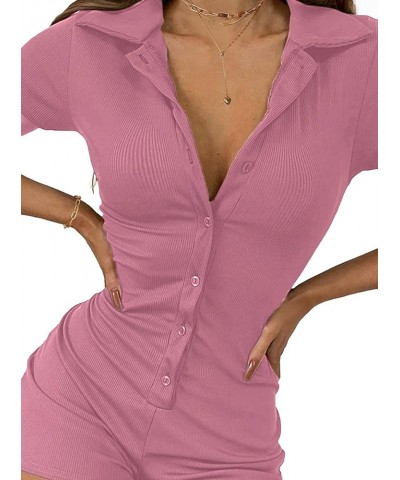 Women's Bodycon Romper Short Sleeve Button Front Ruched Collar One Piece Summer Playsuit Pink Purple $8.00 Rompers