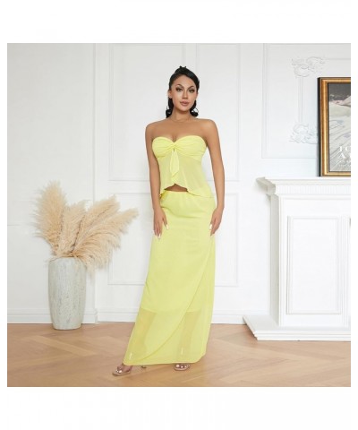 Women 2 Piece Long Skirt Sets Strapless Crop Tube Top Bodycon Midi Maxi Skirts Y2k Two Piece Outfit Beach wear N-yellow $9.00...