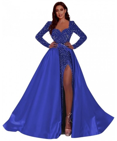 Women Sequin Long Prom Dresses 2024 with Slit Long Sleeve Formal Evening Ball Gown with Detachable Train RO024 B-royal Blue $...