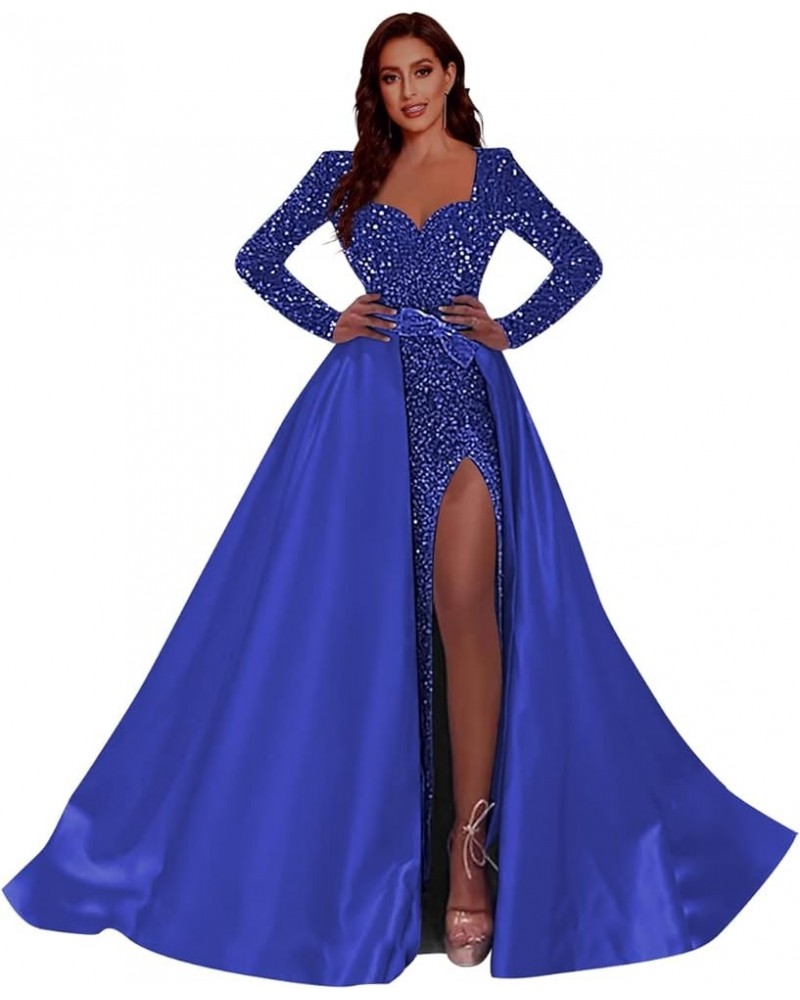 Women Sequin Long Prom Dresses 2024 with Slit Long Sleeve Formal Evening Ball Gown with Detachable Train RO024 B-royal Blue $...