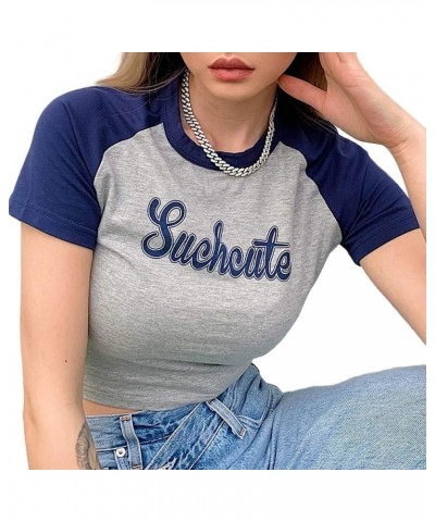 Women Summer Sexy Crop Top Gothic Graphic Print Casual Shirt Round Neck Short Sleeve Letter Print Tee Streetwear F-grey $7.79...