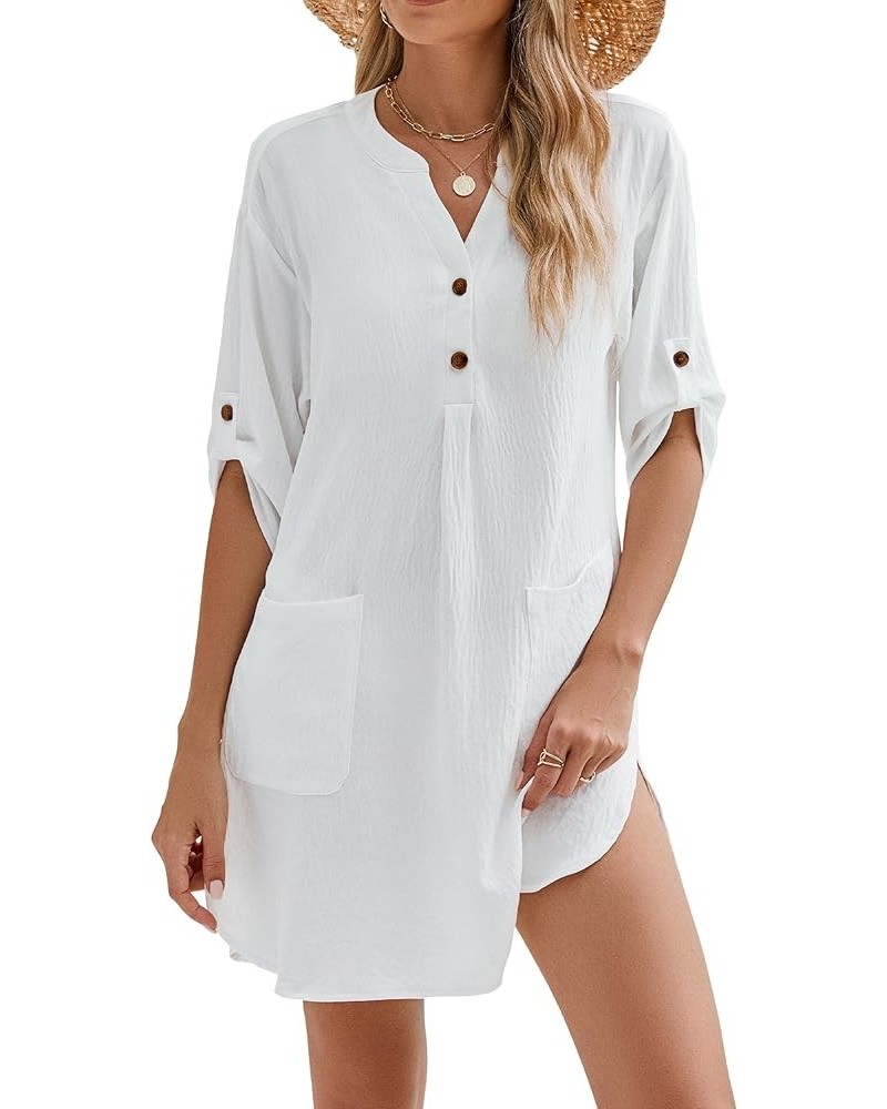 Womens Swimsuit Coverup Beach Swimwear Cover Ups Roll Sleeve Bathing Suit Cover up Shirt Dresses White $16.19 Swimsuits