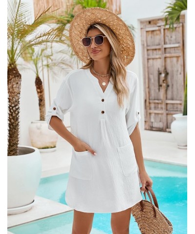 Womens Swimsuit Coverup Beach Swimwear Cover Ups Roll Sleeve Bathing Suit Cover up Shirt Dresses White $16.19 Swimsuits