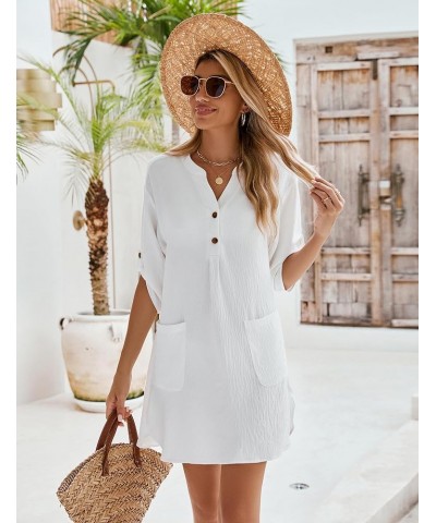 Womens Swimsuit Coverup Beach Swimwear Cover Ups Roll Sleeve Bathing Suit Cover up Shirt Dresses White $16.19 Swimsuits