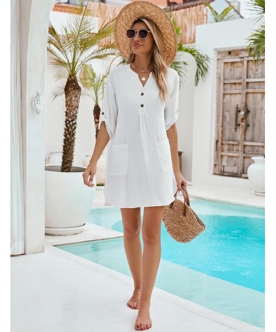 Womens Swimsuit Coverup Beach Swimwear Cover Ups Roll Sleeve Bathing Suit Cover up Shirt Dresses White $16.19 Swimsuits