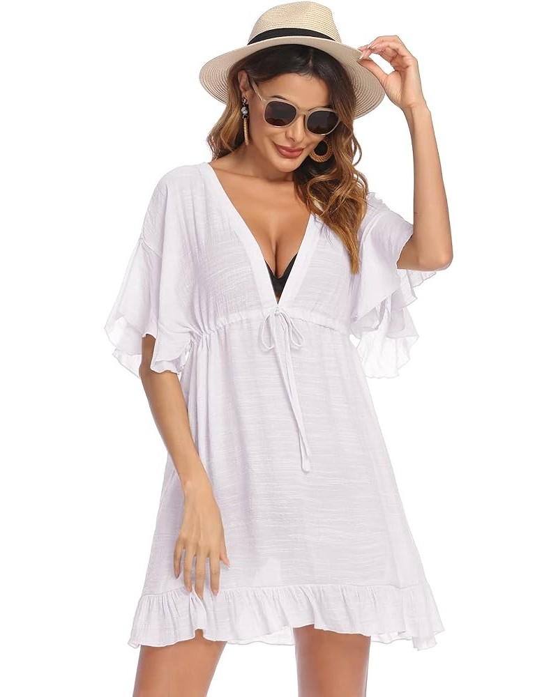 Swimsuit Cover Ups Women's Bathing Suit V Neck Ruffle Sleeve Soft Coverups Dress White-new Fabric $18.87 Swimsuits