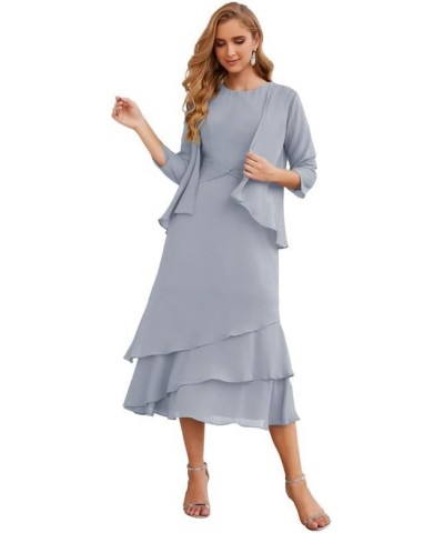 Mother of The Bride Dresses with Jacket 2 Piece Wedding Guest Dress Ruffles Scoop Mother of The Bride Dress Chiffon Dusty Blu...