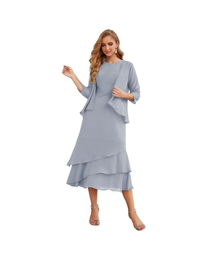 Mother of The Bride Dresses with Jacket 2 Piece Wedding Guest Dress Ruffles Scoop Mother of The Bride Dress Chiffon Dusty Blu...