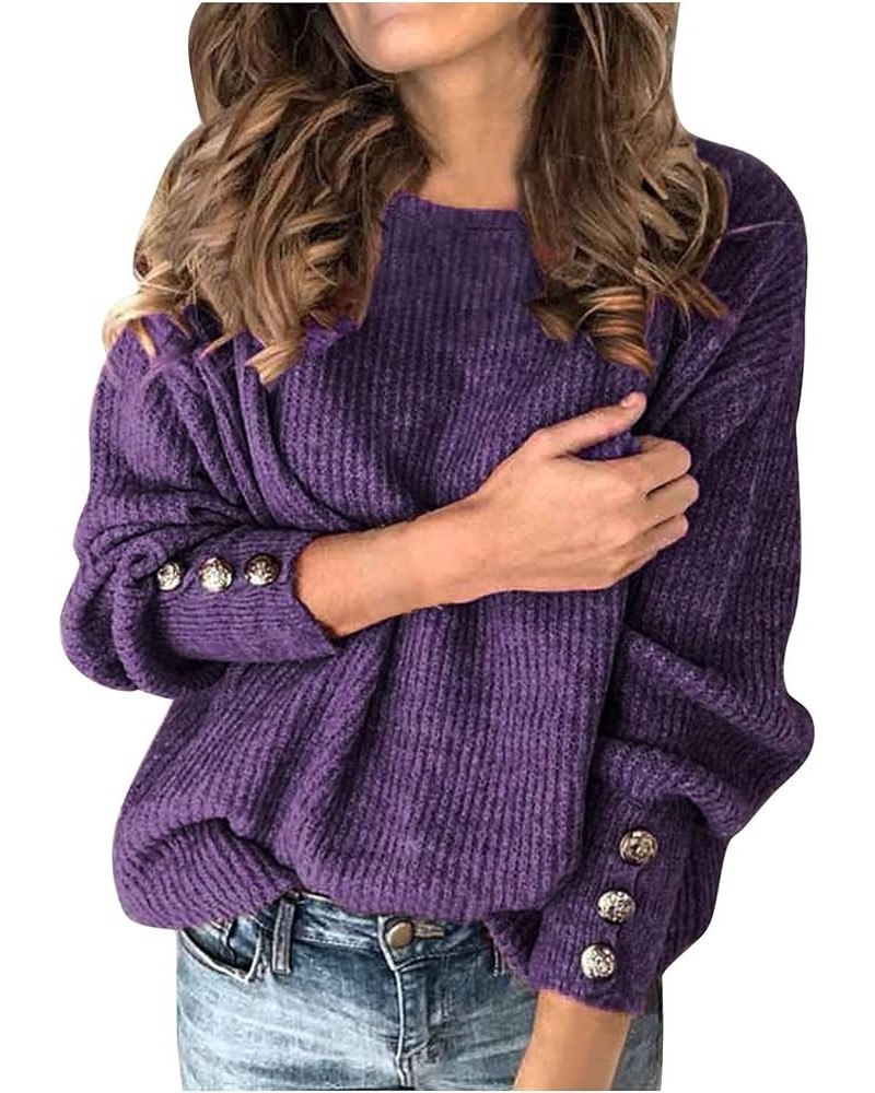 Women's 2023 Fall Winter Long Sleeve Knit Sweater Plus Size Causal Turtleneck Button Slouchy Loose Chunky Pullover Top 34-pur...