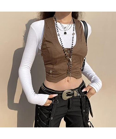 Women's Harajuku Vest Vintage Button Down Solid Color Sleeveless Jacket Tuxedo Suit Casual Tops Streetwear A1-light Brown $7....