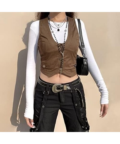 Women's Harajuku Vest Vintage Button Down Solid Color Sleeveless Jacket Tuxedo Suit Casual Tops Streetwear A1-light Brown $7....