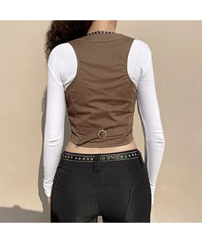 Women's Harajuku Vest Vintage Button Down Solid Color Sleeveless Jacket Tuxedo Suit Casual Tops Streetwear A1-light Brown $7....