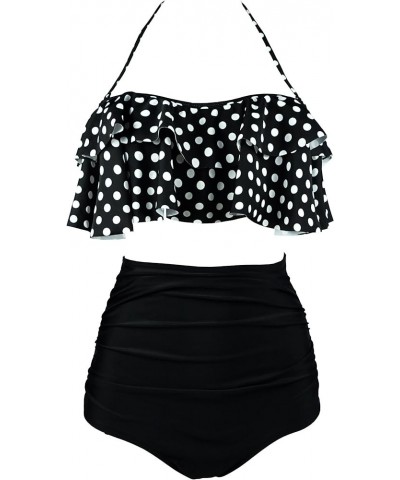 Women's Retro Boho Flounce Falbala High Waist Bikini Set Chic Swimsuit(FBA) Polka Black $20.99 Swimsuits