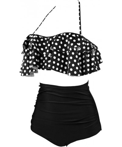 Women's Retro Boho Flounce Falbala High Waist Bikini Set Chic Swimsuit(FBA) Polka Black $20.99 Swimsuits