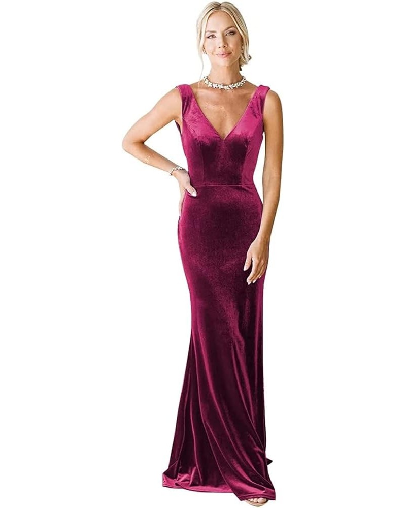 V-Neck Velvet Bridesmaid Dress for Women Long Mermaid Maxi Formal Dresses Fuchsia $30.00 Dresses