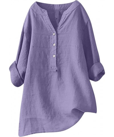 Linen Shirts for Women Long Sleeve Tunic Blouses Plus Size Solid Cotton Linen T Shirt V Neck Button Up Tees Shirts A04-purple...