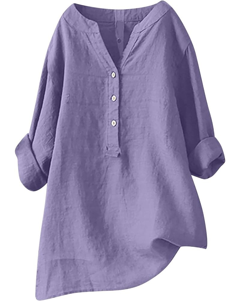 Linen Shirts for Women Long Sleeve Tunic Blouses Plus Size Solid Cotton Linen T Shirt V Neck Button Up Tees Shirts A04-purple...