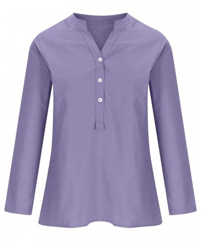 Linen Shirts for Women Long Sleeve Tunic Blouses Plus Size Solid Cotton Linen T Shirt V Neck Button Up Tees Shirts A04-purple...