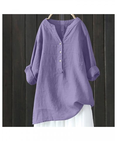 Linen Shirts for Women Long Sleeve Tunic Blouses Plus Size Solid Cotton Linen T Shirt V Neck Button Up Tees Shirts A04-purple...