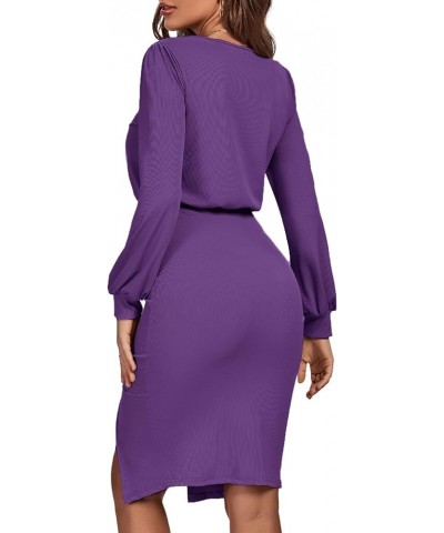 Women's Puff Long Sleeve Ruched Split Side Crewneck Ribbed Knit Midi Dress Purple $20.09 Dresses