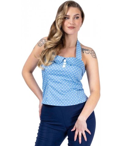 Halter Neck Women's Top - Polka Dot Olivia Ladies Blouse - Retro 1950s Ladies Top for Women Sky Blue $14.31 Blouses