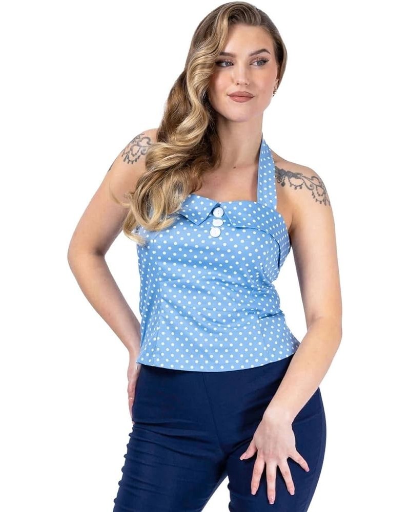 Halter Neck Women's Top - Polka Dot Olivia Ladies Blouse - Retro 1950s Ladies Top for Women Sky Blue $14.31 Blouses